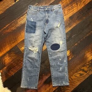 Pilcro Women’s Boyfriend Jeans in Medium Blue with Dark Patch Details